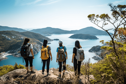 Friends traking on mountain  looking down to the river and mountains e mountain of